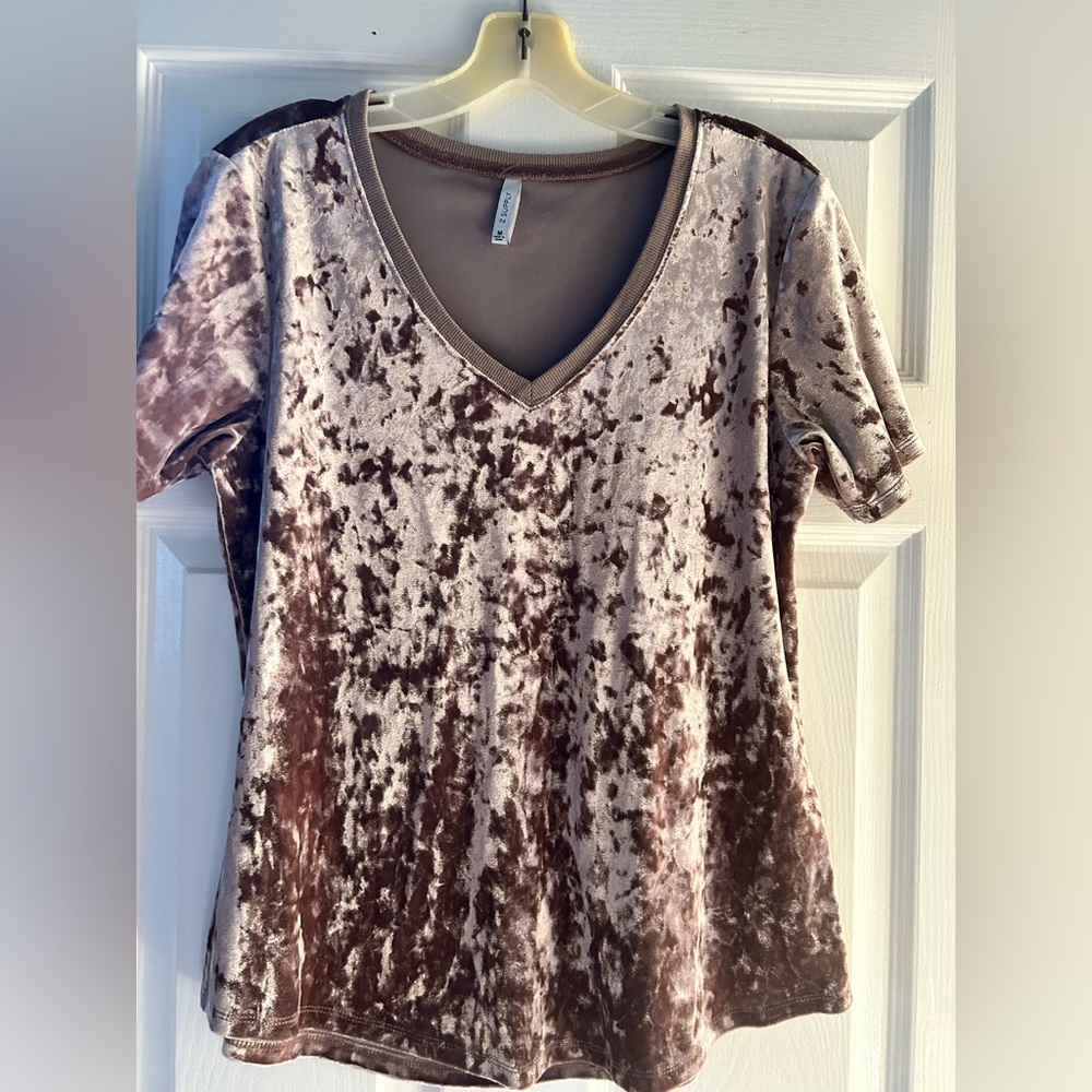 Z Supply Crushed Velvet V-Neck Tee in Cream and Brown